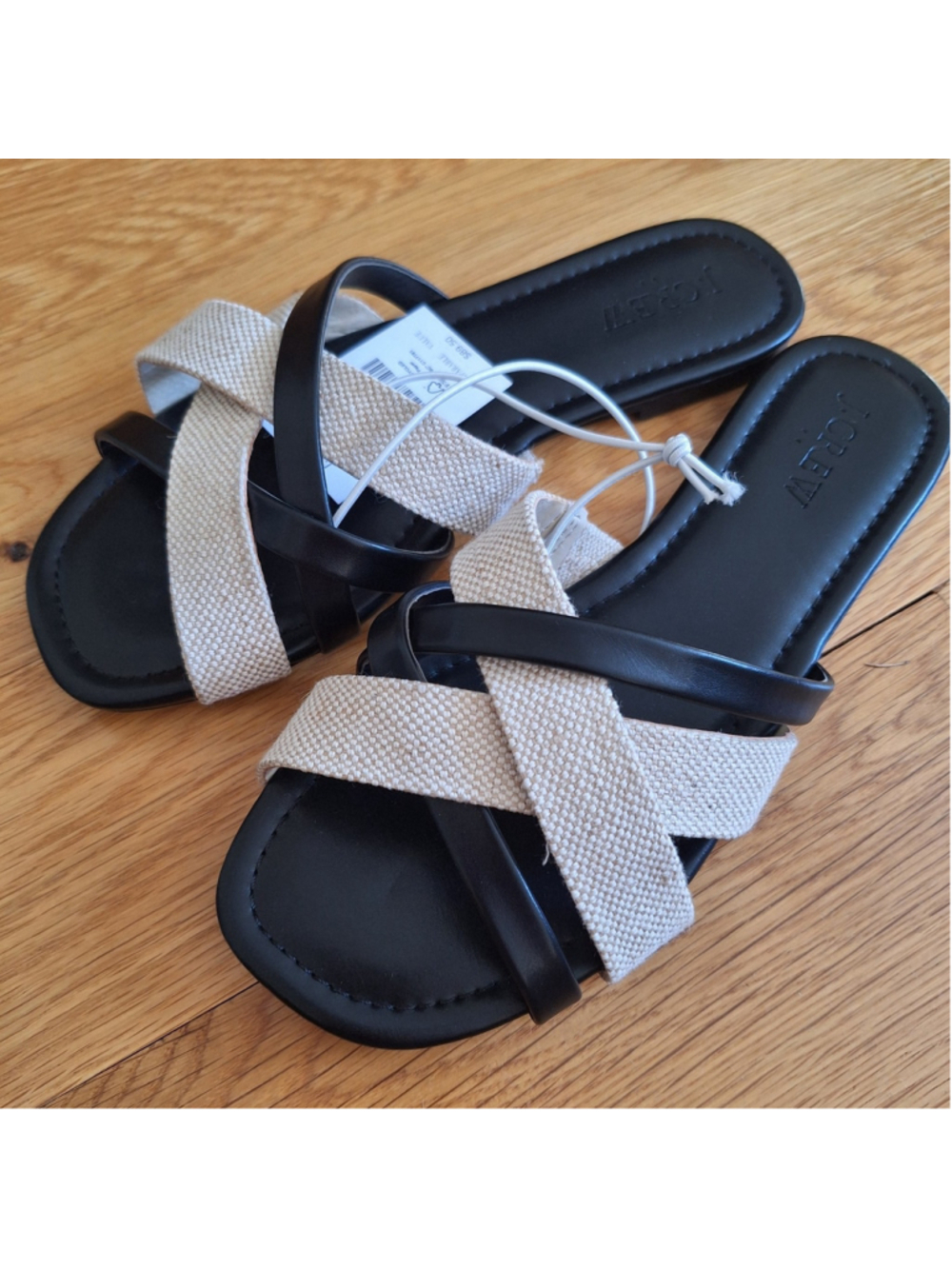 NWT J Crew Mixed Criss Cross Slide Sandals Black Natural Canvas Womens 6.5